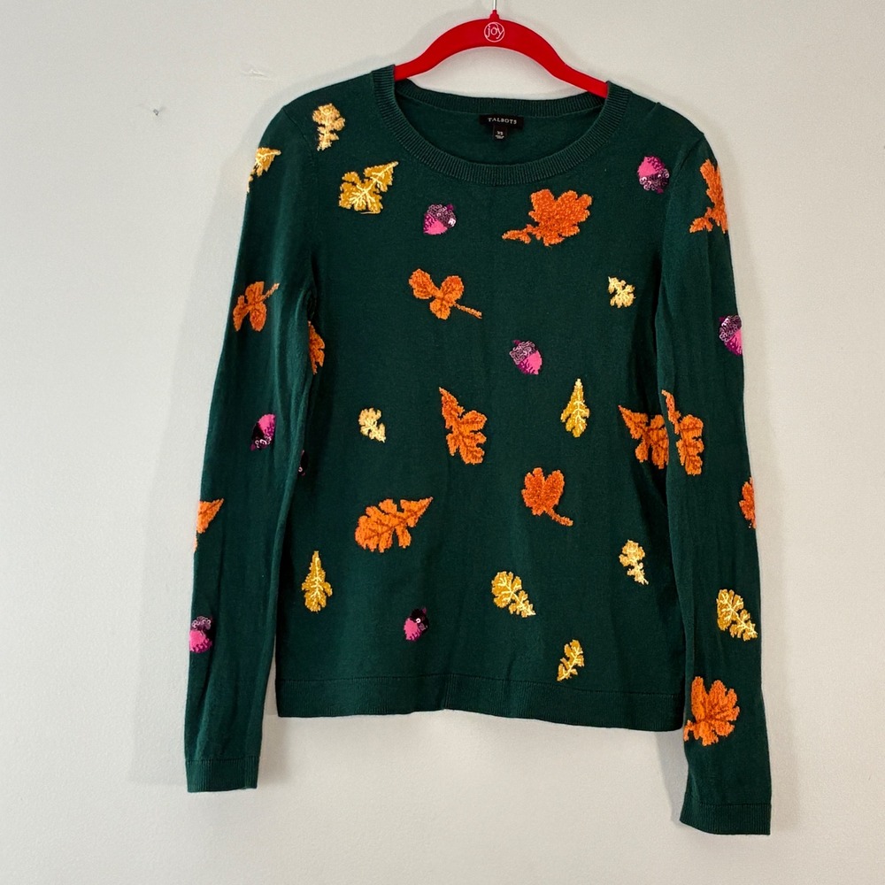 Talbots Sweater Womens XS Green Fall Leaf Sequin Embroidered Pullover